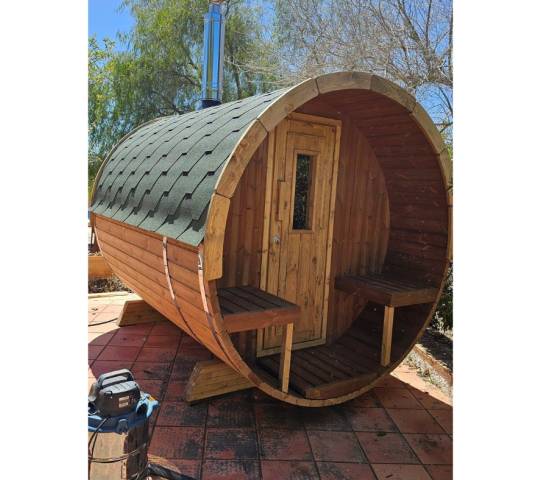 Barrel Sauna 250 with wood burning heater